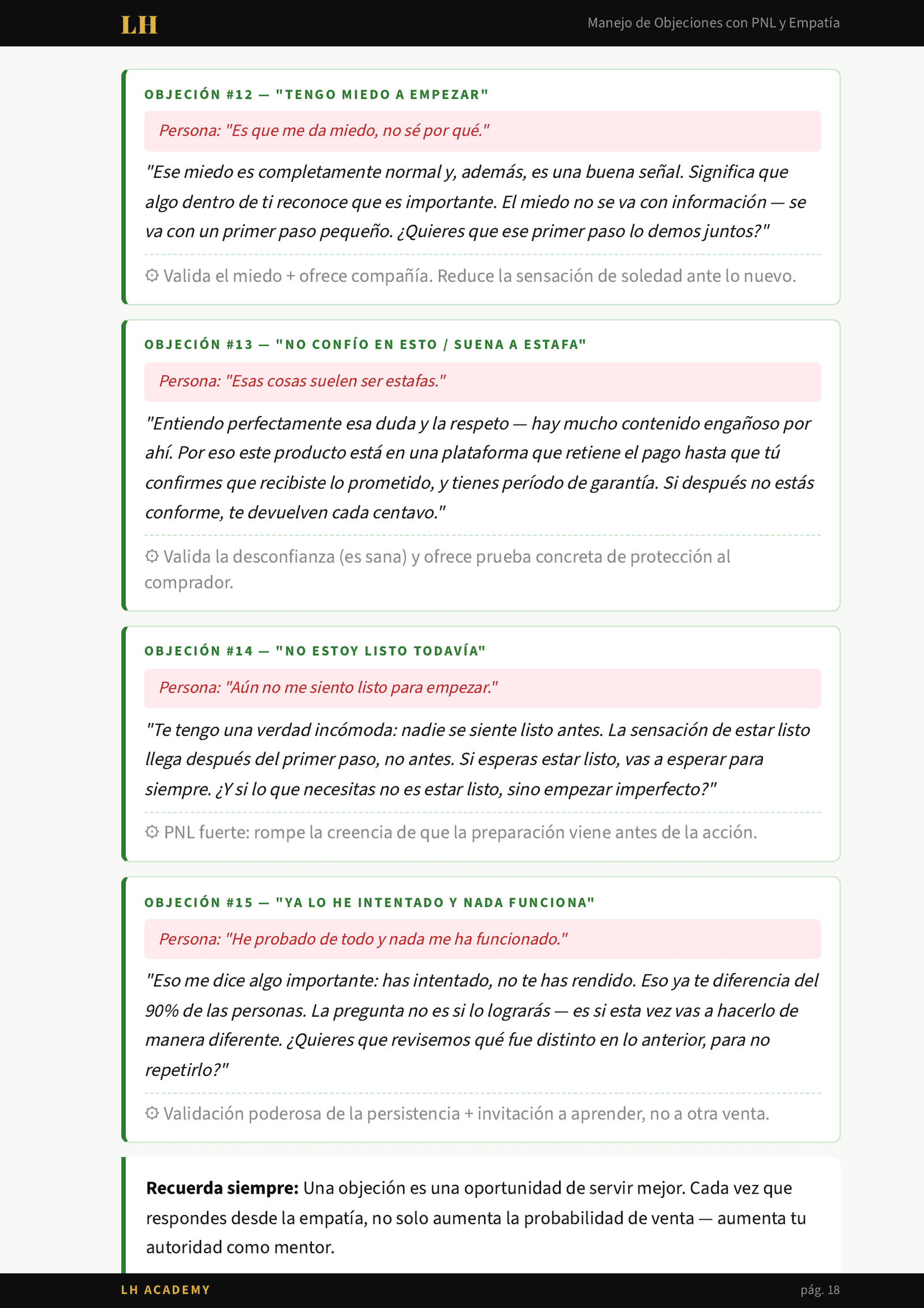 Página interior del ebook con guion de conversación y cierre