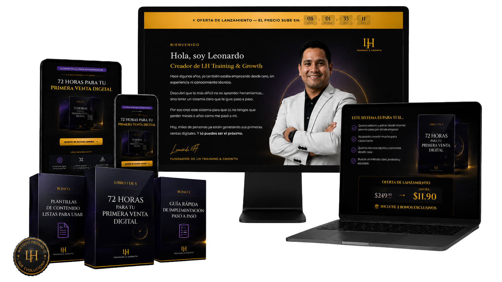 Mockup completo de 72 Horas para tu Primera Venta Digital con ebook, bonos y acceso desde diferentes dispositivos